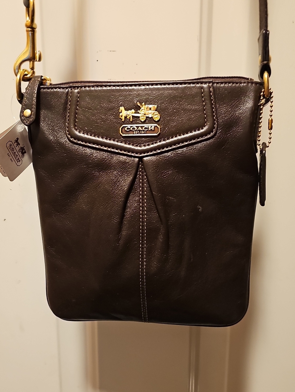 COACH Dark Brown Leather Messenger Crossbody with Gold Hardware